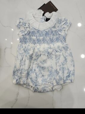 BAMBOO White and Light Blue Floral Smocked Baby One-Piece